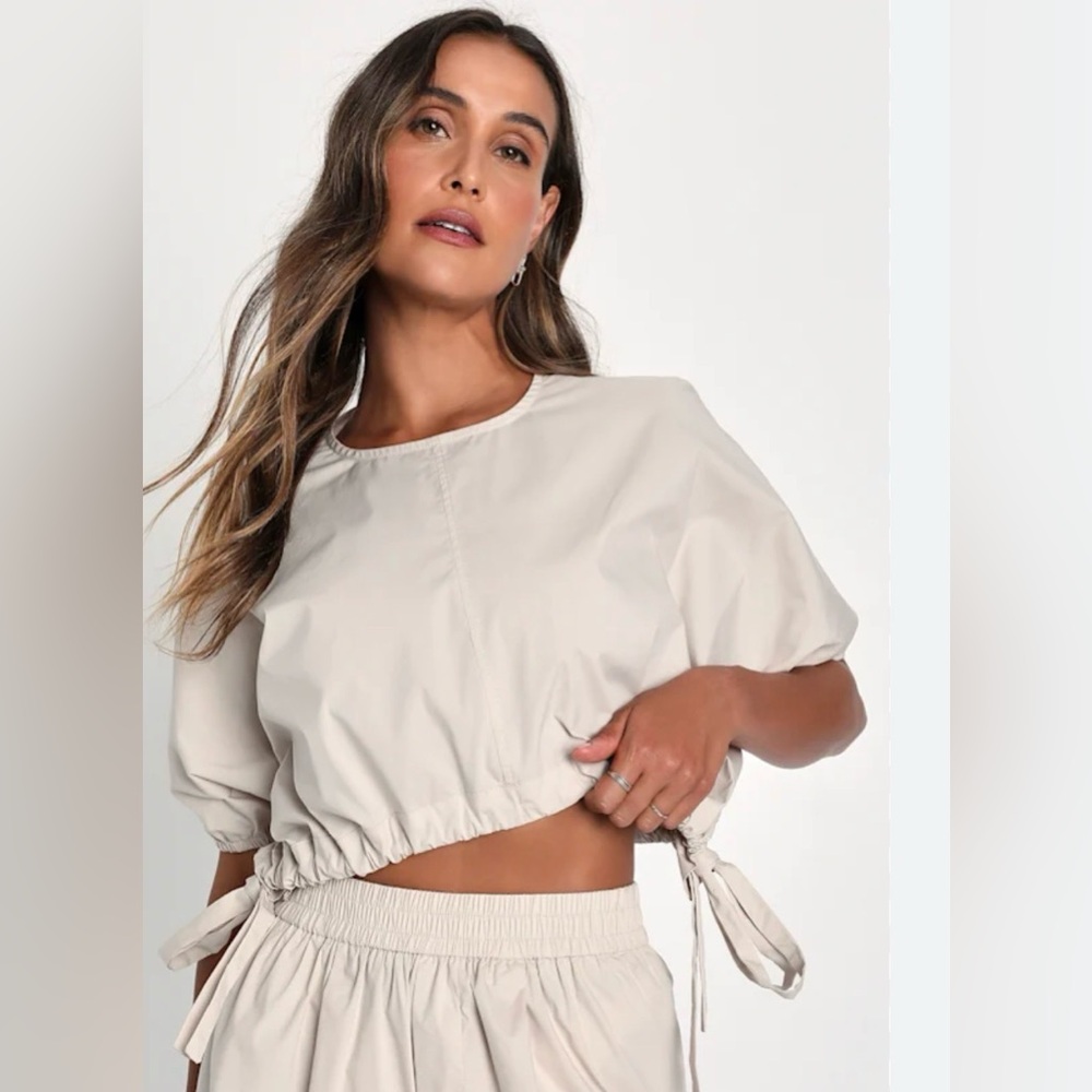 Lulus Cream Cropped Tie Blouse | Puff Sleeve | Adjustable Side Tie